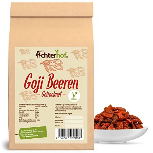 Goji Beeren getrocknet 250g | ungeschwefelt und ungezuckert | feinste getrocknete Gojibeeren | ideal im Müsli, zum Backen und Knabbern | vom Achterhof