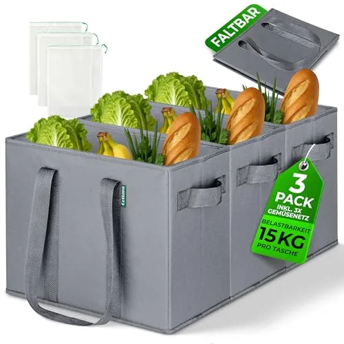 COTTARA® große faltbare Einkaufstasche 3er Pack – 80 L grau für einfachen Einkauf - Einkaufstaschen mit 80 L Volumen, stabil und selbststehend, ideal für große Einkäufe. Inkl. 3 umweltfreundliche Obstnetze zur Reduzierung von Plastiktüten.