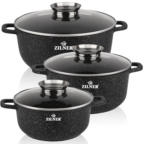 Topfset Induktion 6-Teilig mit Glasdeckel | Kochtopf Set 3 Töpfen aus Aluminiumguss | 3x Kochtöpfe Ø20, 24, 28 cm | PFOA & PFOS-freie | Antihaftbeschichtung aus Schwarzem Granit | ZILNER 7020