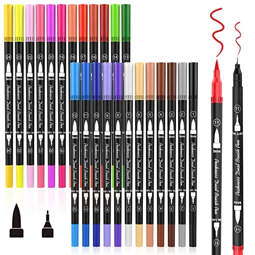 Peakness Dual Brush Pen Set, Filzstifte Set 24 Farben Aquarellstifte mit Zwei Spitzen für Bullet Journal, Handlettering, Malbücher, Kalligraphie Manga Tinte auf Wasserbasis Doppelfasermaler Stifte