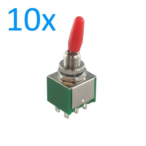 10x Miniatur-Kippschalter, roter Hebel, 2-polig, EIN-EIN, 2A/250V, Lötösen