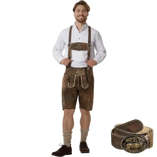 Lederhose Jonathan - 50, Klassische Trachtenhose für Herren - Lederhosen aus 100% Rind-Spaltleder, ideal für Hochzeiten und Volksfeste. Mit kunstvollen Stickereien, robustem Gürtel und verstellbaren Hosenträgern für optimalen Tragekomfort.