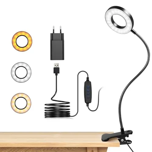 LED Leselampe Buch Klemme für Schreibtisch & Bett • 48 LEDs, 10 Helligkeitsstufen & 3 Farbtemperatur Modi, Augenschonende Klemmlampe mit USB-Betrieb, Flexibler Schwanenhals (40cm) für Kopfende