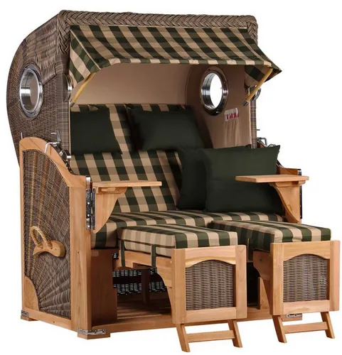 MR.DEKO Strandkorb Düne Bullauge Teak PE Grey - Strandkorb aus hochwertigem Teakholz mit Bullaugen, luxuriöse Polsterung und ausziehbare Fußstützen für maximalen Komfort im Garten oder auf der Terrasse.