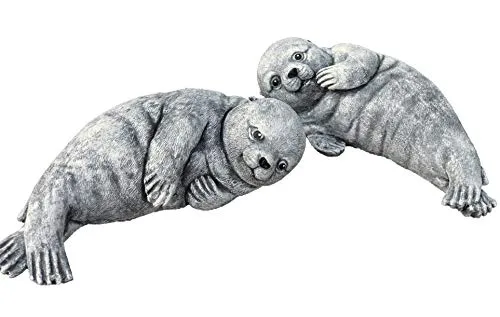 Steinfigur 2er Set Robbe/Seehund, Frost- und wetterfest bis -30°C, massiver Steinguss