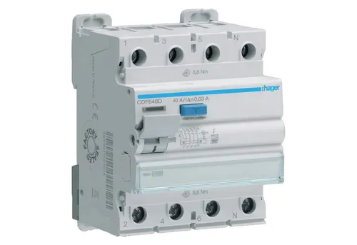 Hager Fehlerstromschutzschalter CDF640D 4p 10kA 40A 30mA - FI-Schutzschalter mit 10kA Kurzschlussfestigkeit, langlebig und ideal für zuverlässigen Schutz in Wohn- und Gewerbegebäuden.