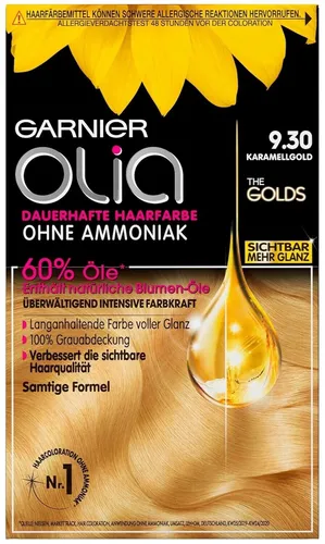 Garnier Haarfarbe Olia Permanente Coloration 9.30 Karamellgold - Permanente Haarfarbe für strahlenden Glanz und intensive Pflege, ideal für eine langanhaltende Farbnuance in Karamellgold.