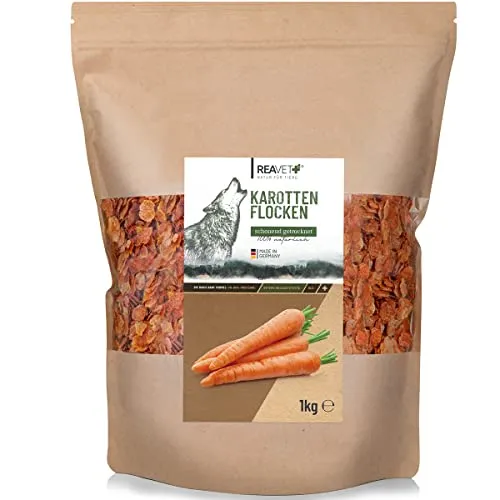 Produktbild ReaVET Karottenflocken für Hunde 1kg – Getreidefreie Gemüseflocken als Barf Zusatz, natürliche Fütterung