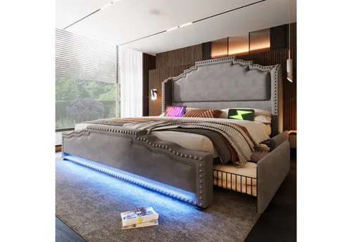 Flieks Polsterbett, Doppelbett 160x200cm mit LED-Beleuchtung 4 Schubladen und USB-Aufladen