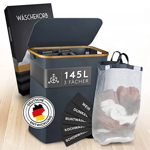 FALKENWERK Wäschekorb mit Deckel 145L - 3 Fächer für optimale Wäschesortierung - Wäschekörbe mit 3 Fächern und wasserabweisender Beschichtung, ideal für feuchte Wäsche. Inklusive 5 Waschhinweisen für stressfreies Waschen!