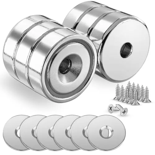 Poppstar 6 Neodym Magnete mit Loch und Kapsel (Haftkraft 22kg, 25x7mm) mit Stahlkissen und Schrauben, silbern