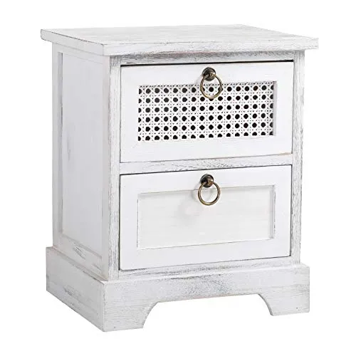 CARO-Möbel Nachtkommode IRMA - Shabby Chic Nachttisch - Nachtkonsolen mit 2 Schubladen im Vintage-Look, inklusive einer Schublade mit Naturrattan-Geflecht für stilvolle Aufbewahrung und harmonische Kombination mit Ihren Möbeln.