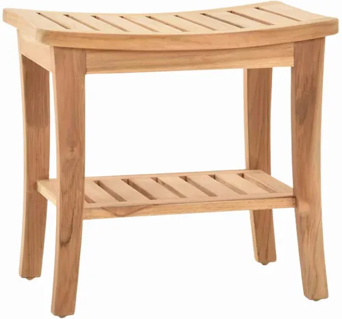 Teak Hocker aus massivem Teakholz mit Ablage - Robuster Hocker aus unbehandeltem Teakholz, ideal für Flur oder Diele. Mit geflochtenem Design und praktischer Ablage, sorgt für rustikalen Charme in Ihrem Zuhause.