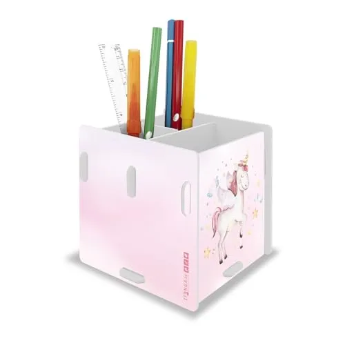 itenga Stifteköcher mit Motiv zum Zusammenstecken - 3 Fächer - Stiftehalter Kinder Schüler Schreibtisch Organizer Stiftebox - 10x 10 x 9,5cm (Motiv Einhorn Wasserfarben)