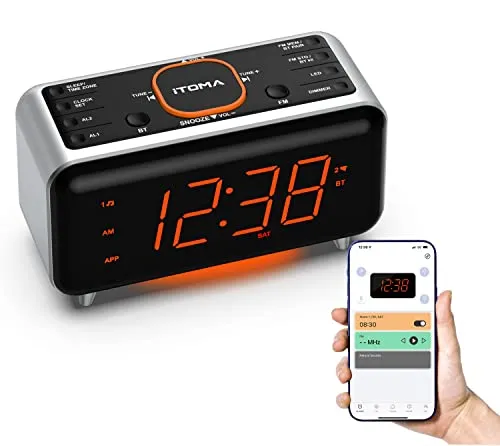 iTOMA Radiowecker mit App-Steuerung und Bluetooth - FM-Radio mit Dual Alarm und Easy Snooze, steuern Sie bequem per App und laden Sie Ihr Smartphone über den USB-Anschluss auf.
