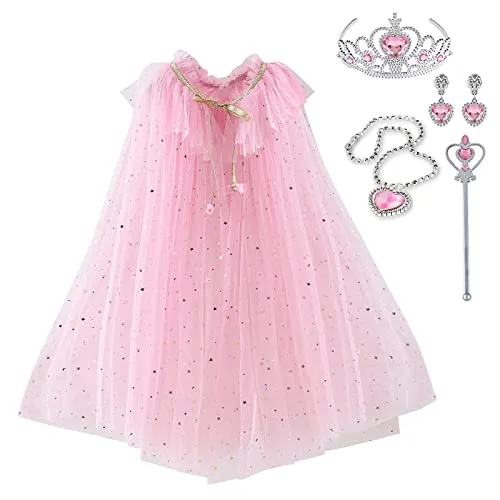 skyllc Prinzessin Umhang Kinder,Tüll Umhang Glitzer für Mädchen,Pailletten Cape Prinzessin mit Krone Halskette Ohrringe Zauberstab,Party Kostüm Karneval Cosplay für Mädchen Halloween Kostüm(Rosa)