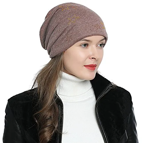 DonDon Mütze Damen Wintermütze Slouch Beanie gefüttert mit Stern Glitzersteinen Gold - Hellbraun