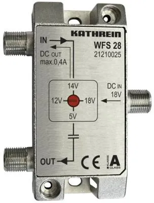 Kathrein WFS28 Fernspeiseweiche - Zubehör zum Verteilnetz, leistungsstarke Fernspeiseweiche für SAT-BK mit 2 Eingängen und 1 Ausgang, ideal für optimale Signalverteilung im Frequenzbereich 5-2150 MHz.