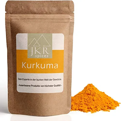 JKR Spices Kurkuma Pulver - Kurkumapulver aus gemahlener Curcuma Wurzel | Gelbwurz gemahlen | hoher Curcumin Kurkumin Gehalt | Ideales Gewürz zum Kochen und Goldene Milch - 250g