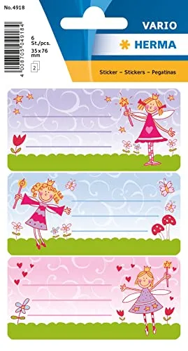 HERMA 4918 Buchetiketten zum Beschriften Prinzessin, 6 Stück, 76 x 35 mm, selbstklebend, liniert, Buchaufkleber für Schule Kinder Mädchen Jungen, mehrfarbige Heftetiketten Aufkleber, bunt rosa