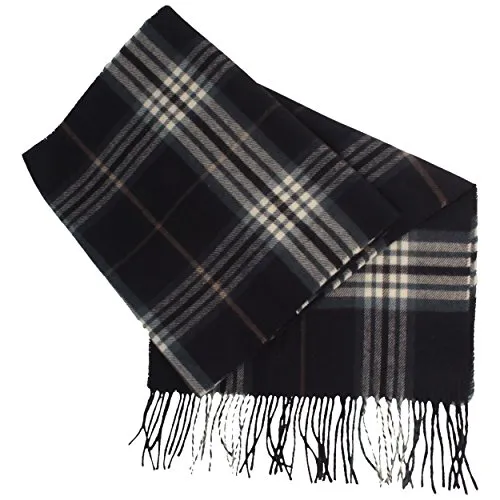 Schal aus 100% Cashmink für Damen & Herren - 180 x 30 cm – mit großem Karo-Muster & Fransen - Made IN Germany – super weich & bequem – Blau