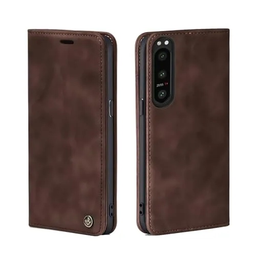 LBH Handyhülle für Sony Xperia 5 IV in Dunkelbraun mit Karten- und Geldfach Smartphone Hülle mit Standfunktion Flip Case Schutzhülle Magnetverschluss Vintage