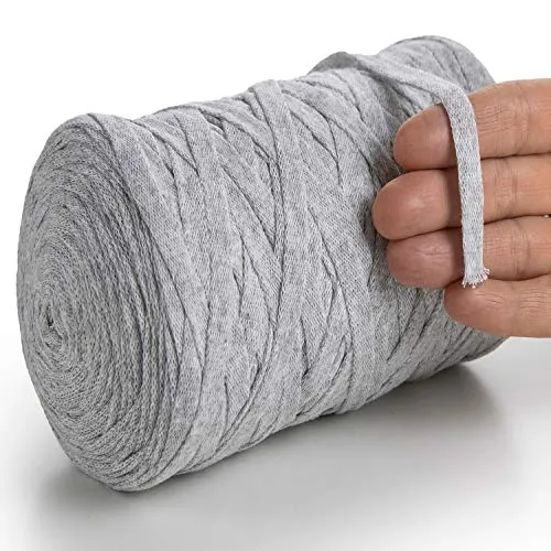 MeriWoolArt® Baumwollgarn Band Grau - 10mm T-Shirt Band Garn für Stricken, Makramee, Häkeln, Weben, Geschenkband - 150 m Baumwollband (Asche)
