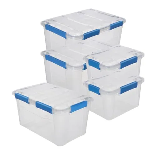 Kreher® Aufbewahrungsbox IP67 - Wasserdicht & Staubdicht für Haushalt & Camping (Set 2: 2 x 75L + 1 x 50L + 2 x 18L) - Diese vielseitigen, stapelbaren Aufbewahrungsboxen bieten ein enormes Volumen von bis zu 75 Litern. Ideal für Werkzeuge, Campingzubehör und mehr. Mit IP67-Zertifikat bleiben Ihre Gegenstände sicher und geschützt.