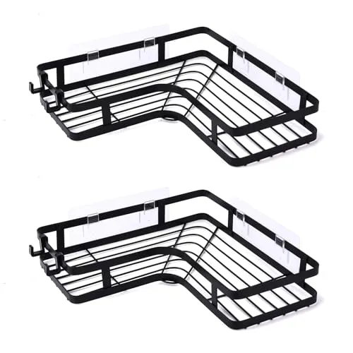 2er Set Duschablagen Ohne Bohren | Eck Duschregal Eckablage mit 4 Haken | Selbstklebend Badezimmer Organizer | Eckregal Duschkörbe für Shampoo, Duschgel | Regal für Bad, Dusche und Küche