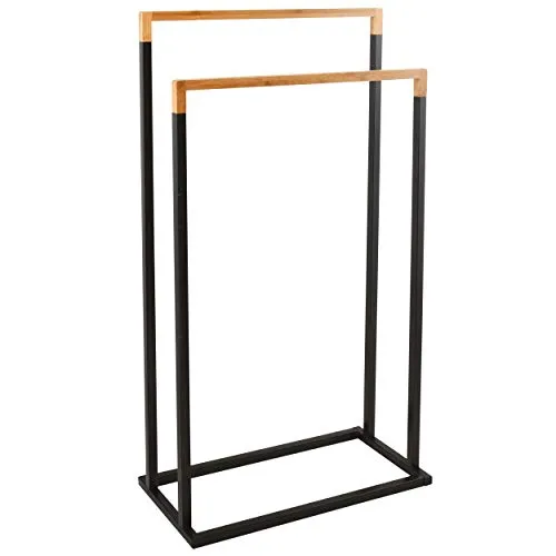 Spirella Handtuchständer Handtuchhalter Chic (LxBxH): ca. 21,5 x 45 x 84,5 cm aus verchromten Metall in Edelstahl Optik mit 2 Handtuchstangen in Schwarz mit Bambus