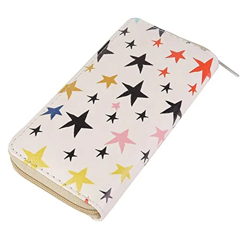 DonDon Geldbörse Damen mit Reißverschluss Portemonnaie Geldbeutel Damen Kinder Mädchen Muster Sterne beige bunt