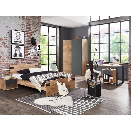 EVERTON-43 Kinderzimmer Set mit Bett und Schrank - 5-teiliges Jugendzimmer Set in Eiche grau, inklusive Bett, Nachttisch, Schreibtisch und Rollcontainer. Modernes Design, ideal für die Gestaltung eines funktionalen und stilvollen Kinderzimmers.