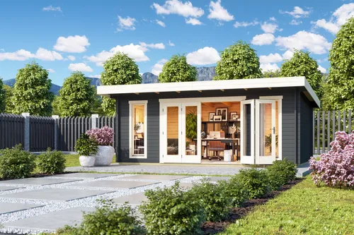 Gartenhaus Blockhaus Pultdach Sussex 2 grau 590x380 cm - Gartenhaus mit 19.71 m² Nutzfläche, 44 mm Wandstärke und abschließbarer Tür, ideal für Garten oder als Geräteschuppen.