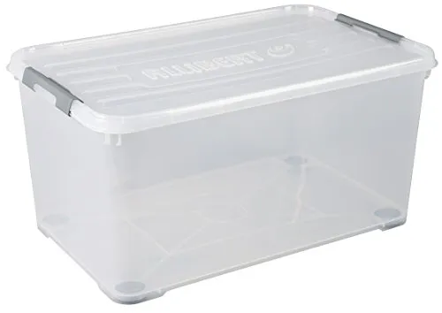Curver 243857 Aufbewahrungsbox HANDY - Stapelbar und Transparent - Aufbewahrungsboxen mit Deckel, seitlichen Clip-Verschlüssen und 4 stabilen Rollen für einfachen Transport und platzsparende Lagerung.