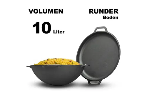 BIG-PAN Wok 10L aus Gusseisen mit Deckel in schwarz von BIG-PAN
