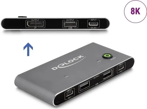 DELOCK USB-C KVM Switch zu DisplayPort 8K - KVM Switch für USB-C mit 8K Auflösung bei 30 Hz, ideal für Multimonitor-Setups und effiziente Arbeitsabläufe.