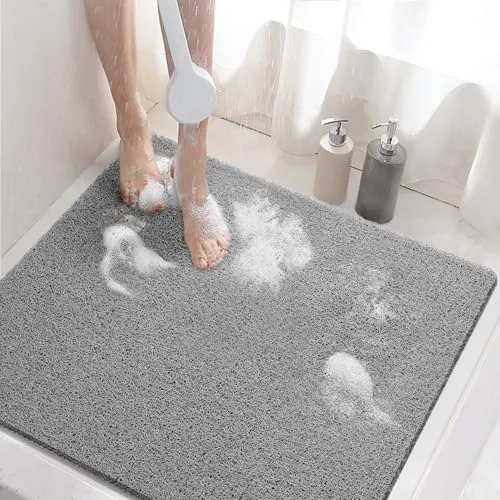 HITSLAM Duschmatte rutschfest, 60x60cm Badewannenmatte rutschfest mit Ablauf, Weiche PVC-Luffa Antirutschmatte Badewanne, Schnell Trocknende Badematte, Grau