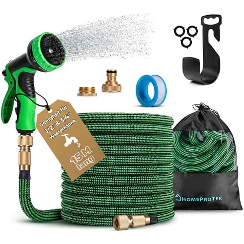 HOMEPROTEK Gartenschlauch Flexibel 15m Bewässerungsschlauch, Flexibler Wasserschlauch, Dehnbarer Flexschlauc mit 1/2 zoll und 3/4 zoll Messingverschraubungen, 3-Fach Latex Balkonschlauch, Garden Hose