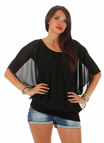 simaranda Damen Bluse Chiffon luftige Sommer Tunika mit Carmen Ausschnitt Blusenshirt Elegant 661 36-40 Schwarz