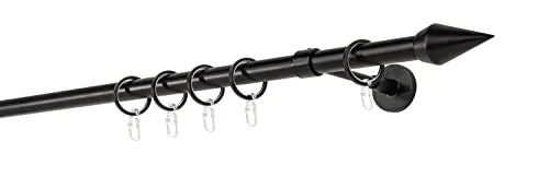 ondeco Gardinenstange auf Maß 20mm Kegel 1-lauf Vorhangstange Wandträger Deckenträger 14cm Stilgarnitur mit Ringen für Vorhänge Schwarz 100cm