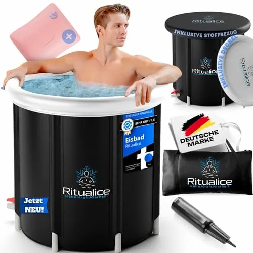 Ritualice® Premium Eisbad (80 cm Ø) XL Komplettset - TESTSIEGER - Eistonne Set mit Deckel, Stoffbezug und XL Tasche - Eisbaden ideal für Kryotherapie und Regeneration - Eisfass mit 5-Facher Isolierung