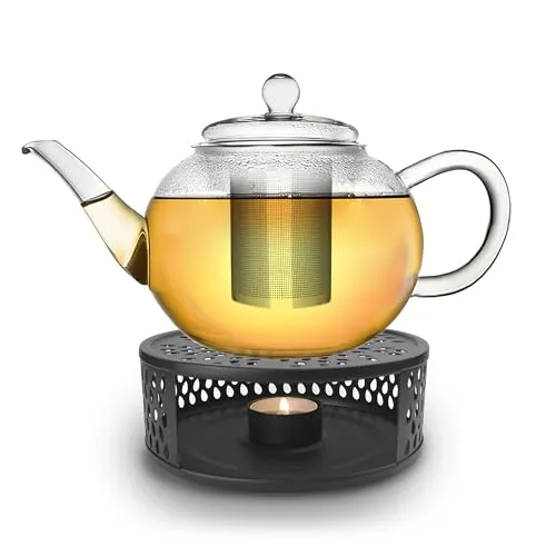 Creano Teekanne Glas 1,2 l mit Edelstahl-Filter und Stövchen