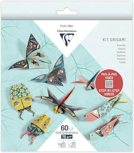 Clairefontaine 95366C - Packung Origami Papier mit 60 Blatt, beidseitig bedruckt, 3 Formate, 10x10 cm, 15x15 cm, 20x20 cm, 70g, Insekten, 1 Pack