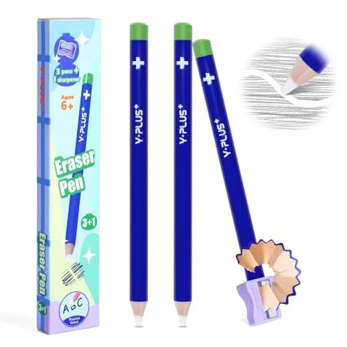 YPLUS Radierstift 3 Stück Präzise für Kinder Schule, Blau mit Spitzer | Punktgenau Kein Krümel, Ergonomisches Design mit Spitzer, Schule Geschenk