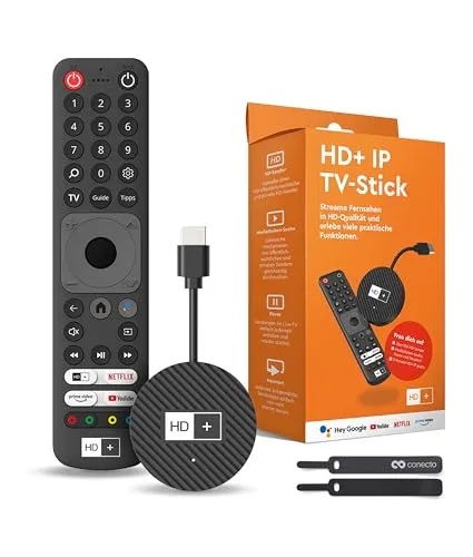 HD+ Stick mit 3 Monaten HD+ gratis und conecto Klett Kabelbinder - Media-Streaming-Client für Live-TV mit über 100 HD-Sendern, inklusive 3 Monate HD+ gratis und praktischem Zubehör wie Klett Kabelbinder für eine ordentliche Kabelorganisation.