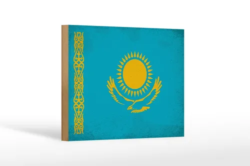 Holzschild Flagge Kasachstan 18x12 cm Kazakhstan Vintage Deko Schild