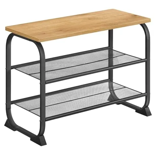 Begryf, Schuhregal mit Sitzfläche – 3-stöckiges Schuhregal Metall mit Holzplatte, Schuhbank für Flur, 66 cm breit, modernes Schuhablage Regal Industrial