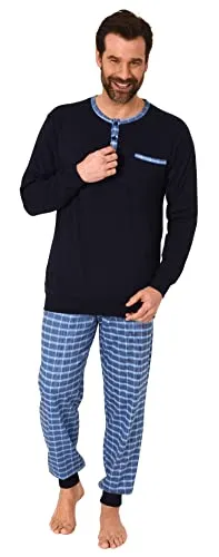 Herren Pyjama Schlafanzug mit Bündchen und Karierter Jersey Hose - auch in Übergrössen, Farbe:Marine, Größe:60/62
