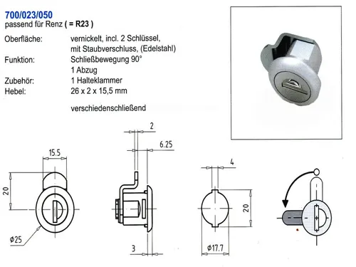 Renz R23 Briefkastenschloss Hebelzylinder mit 2 Schlüsseln - Hochwertiges Hebelschloss für Briefkästen, inkl. 2 Schlüssel, robust und langlebig, ideal für sicheren Schutz Ihrer Post.