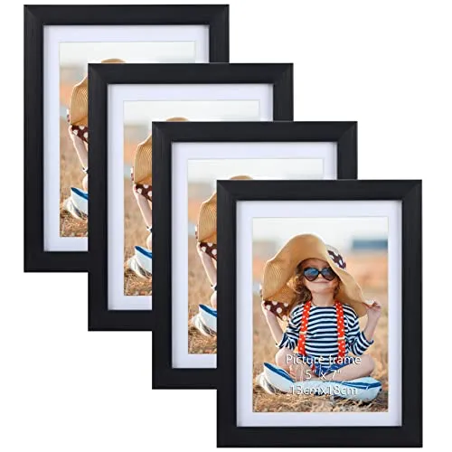 EXYGLO 4er Set Bilderrahmen 13x18 cm mit Passepartout oder 15x20 cm ohne Passepartout, Klassischer Fotorahmen mit Schwarz Holzmaserungsrahmen, Wand- oder Tischaufsteller